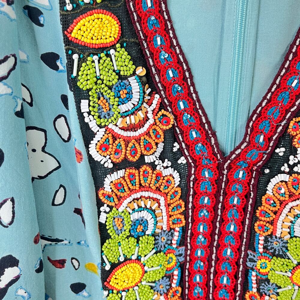 Akemi+ Kin Anthropologie Blue Fit & Flare Boho Beaded V-Neck Dress Womens SZ 8 - Picture 13 of 16